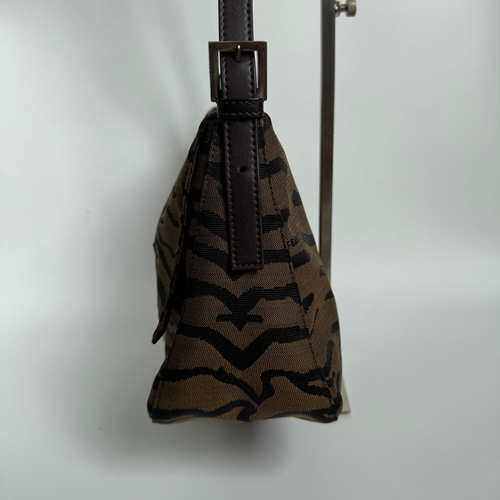 Fendi Mamma Baguette Brown Zebra Print Canvas Shoulder Bag