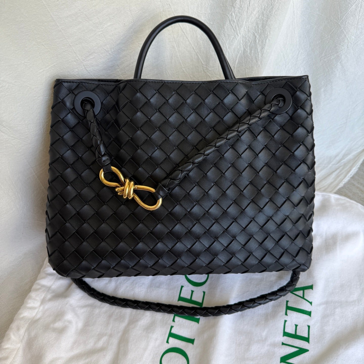 Bottega Veneta Andiamo Medium Black Intrecciato Leather Handbag