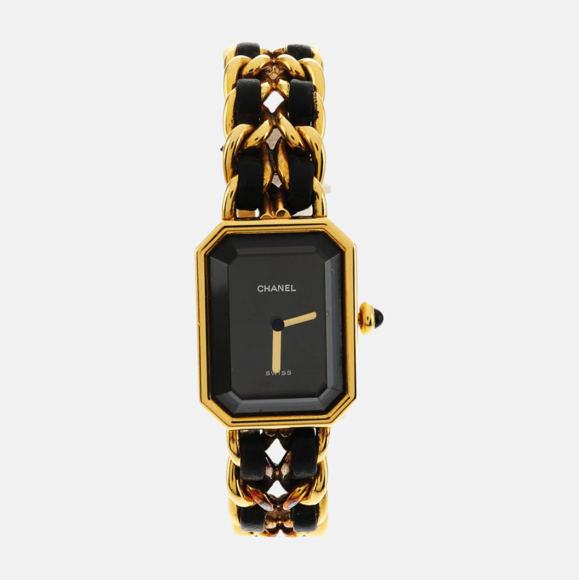 CHANEL 1987 Vintage PREMIERE Watch L Black Leather and 24KT Yellow Gold Plated