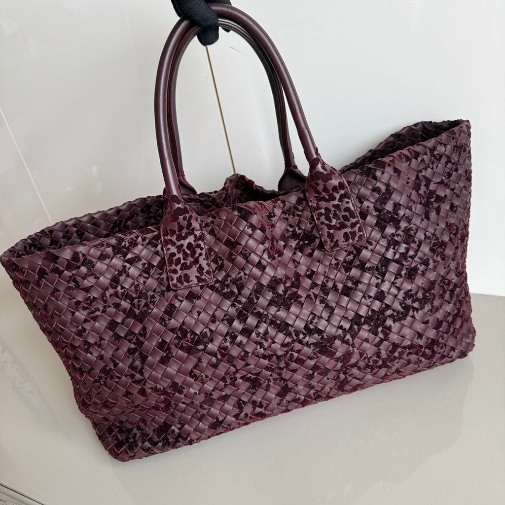 Bottega Veneta Cabat Large Intreccio Burgundy Leather and Velvet 40cm