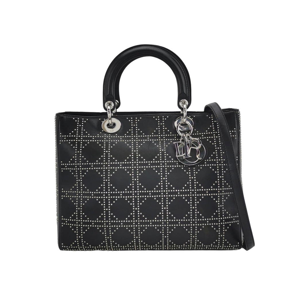Lady Dior Large Black Lambskin Diamond Silver Studs Silver Hardware