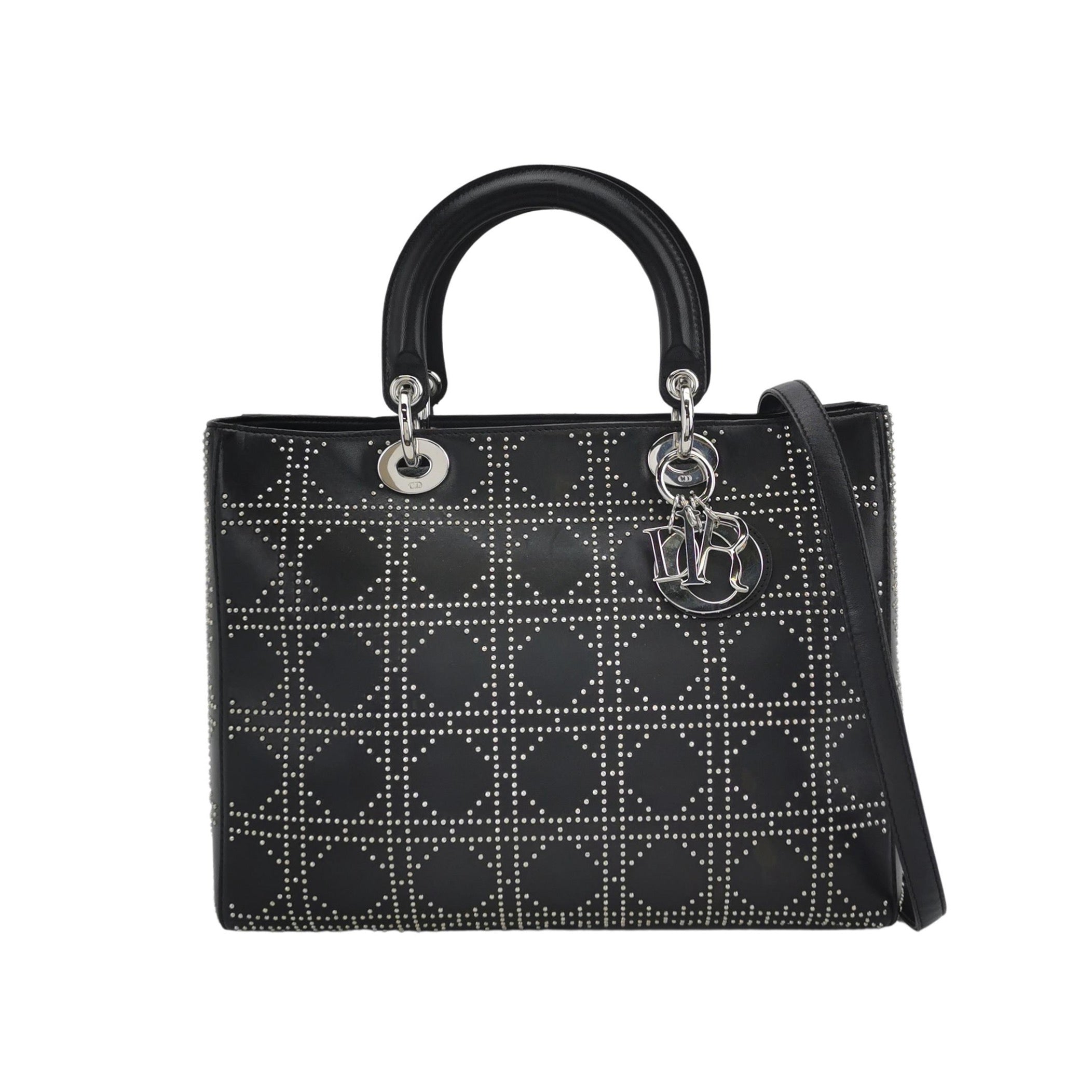 Lady Dior Large Black Lambskin Diamond Silver Studs Silver Hardware