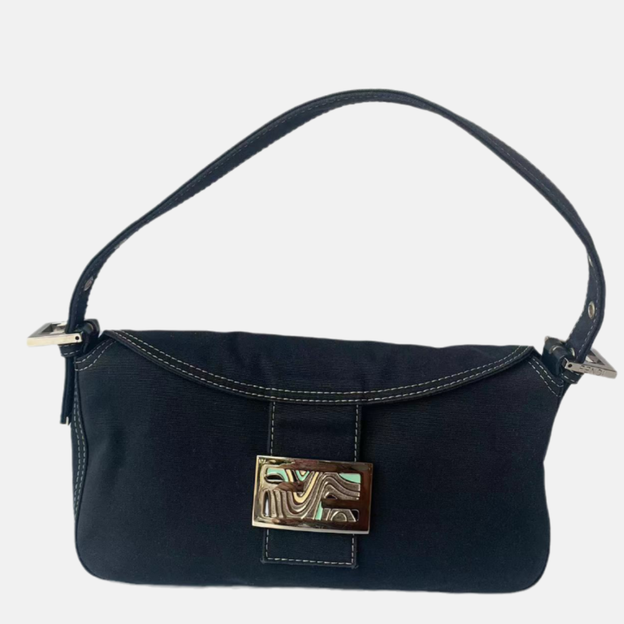 FENDI Baguette Blue Denim Navy Shoulder Bag with Enamel Buckle