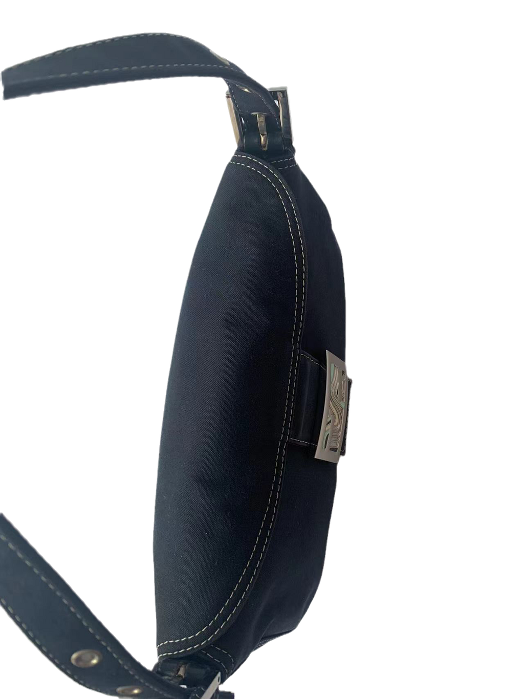 FENDI Baguette Blue Denim Navy Shoulder Bag with Enamel Buckle