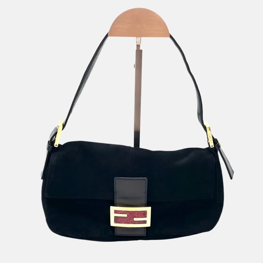 Fendi Baguette Black Suede Leather Red Buckle Shoulder Bag
