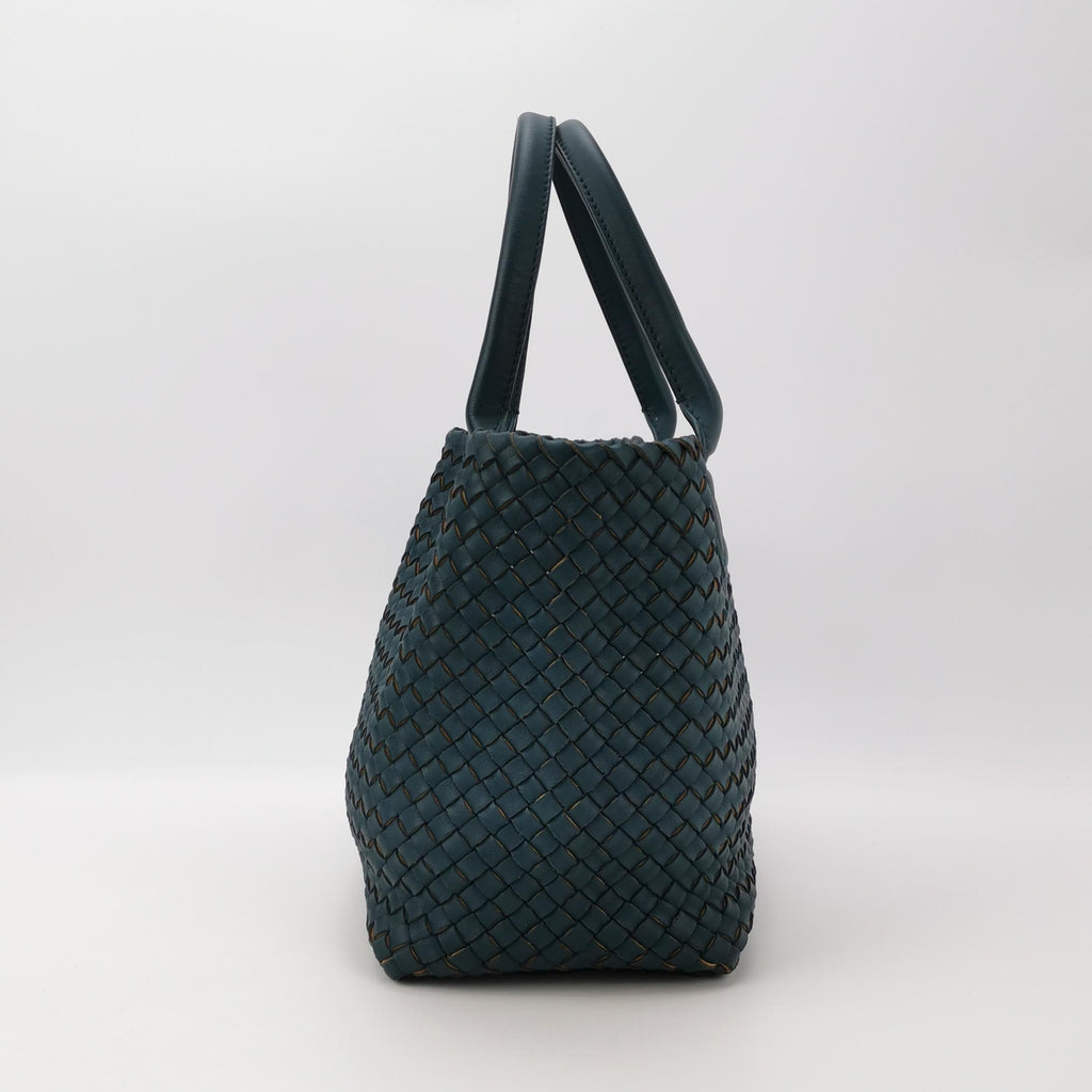 Bottega Veneta Cabat Tote Small/Medium Intreccio Blue Green Leather and Suede Lining 32cm