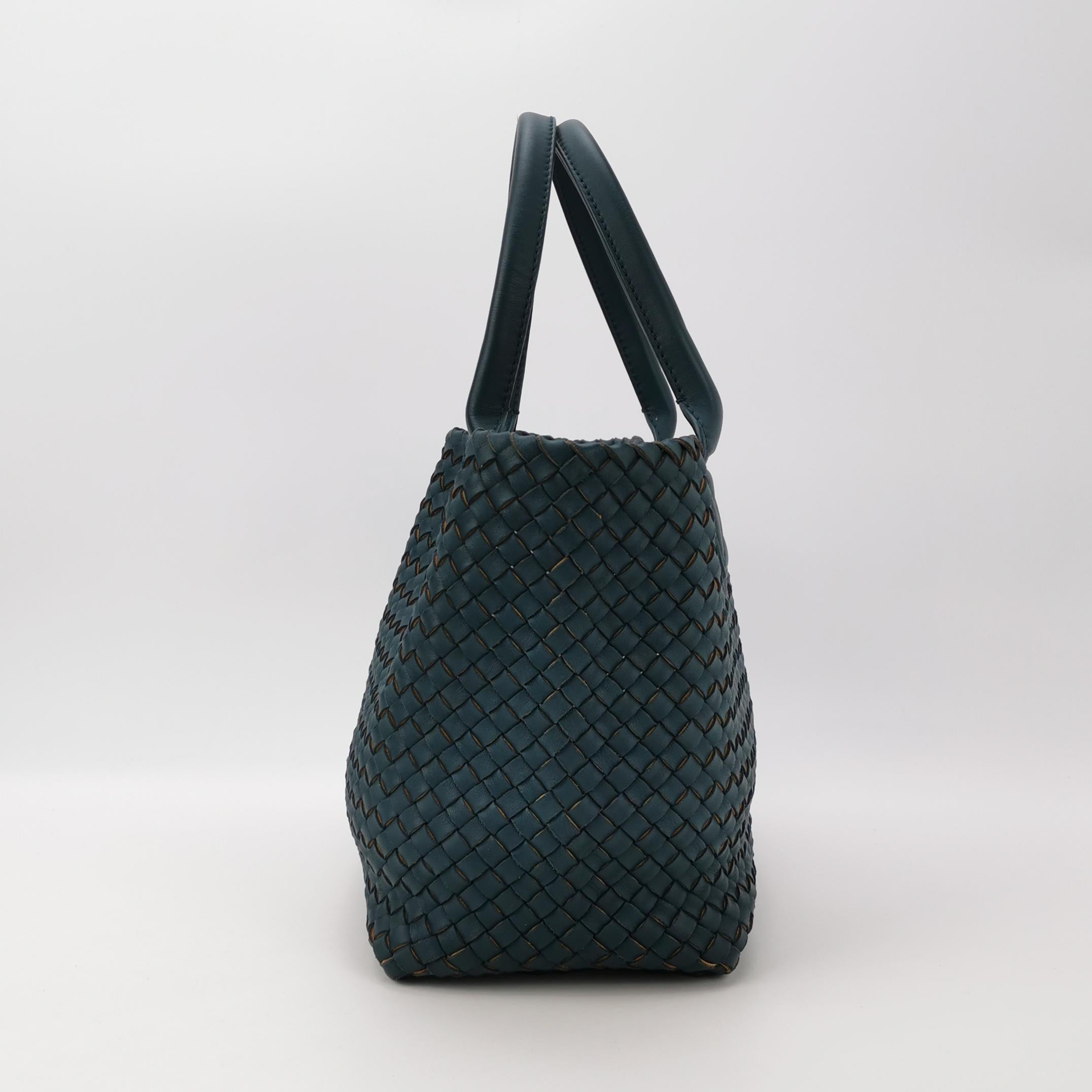 Bottega Veneta Cabat Tote Small/Medium Intreccio Blue Green Leather and Suede Lining 32cm