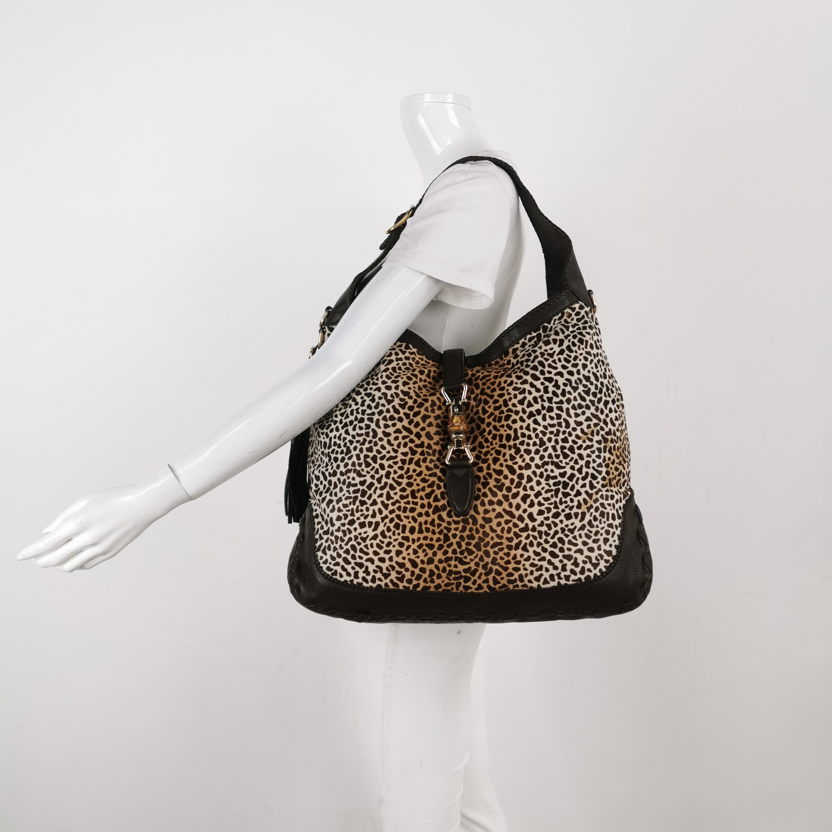 Gucci Jackie Vintage Large Leopard Print Pony-style Calfskin Brown Leather Shoulder Bag
