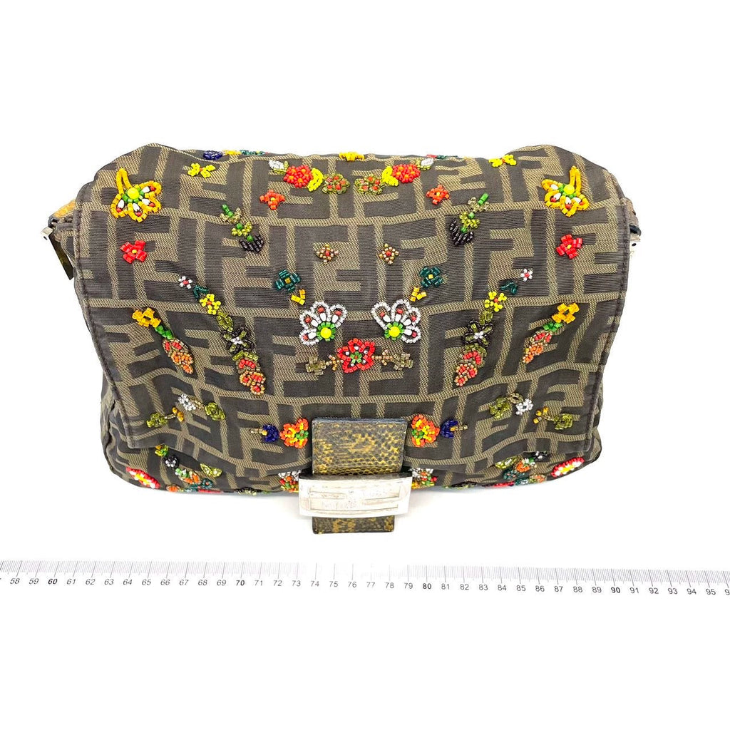 Fendi Mamma Baguette Zucca Monogram Floral Beaded Embroidery Lizard Strap