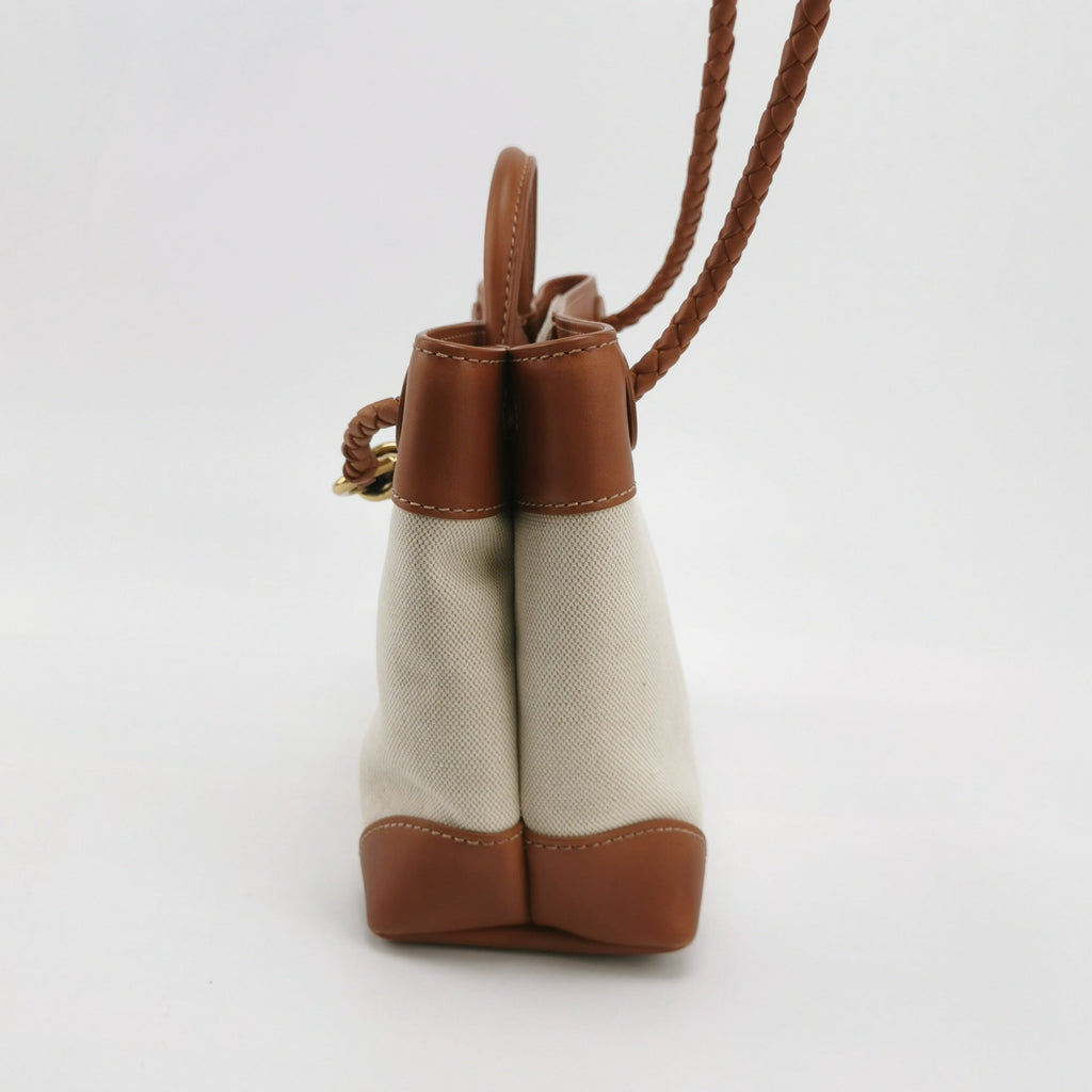 Bottega Veneta Small Andiamo Tan Brown Leather and Beige Canvas Handbag