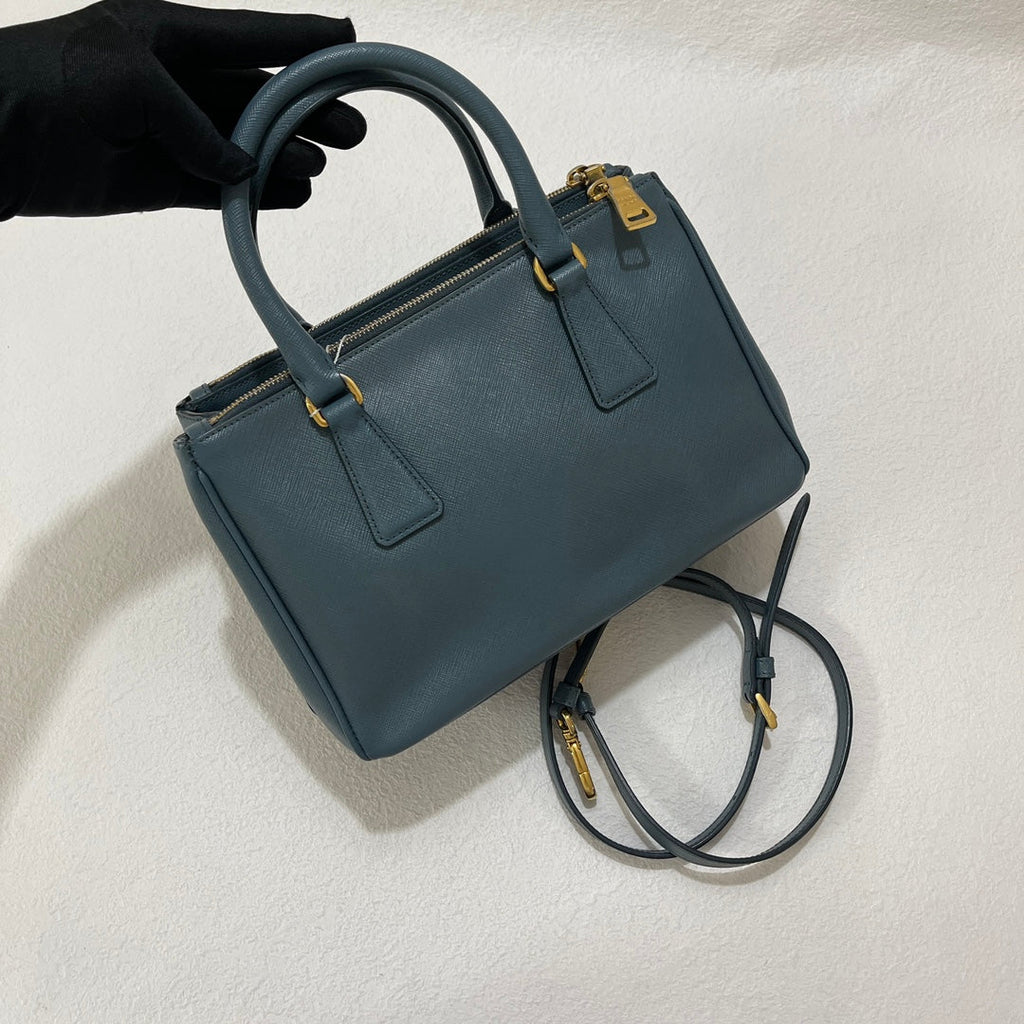 Prada Galleria Saffiano Leather Mini Grey Blue Handbag with Strap