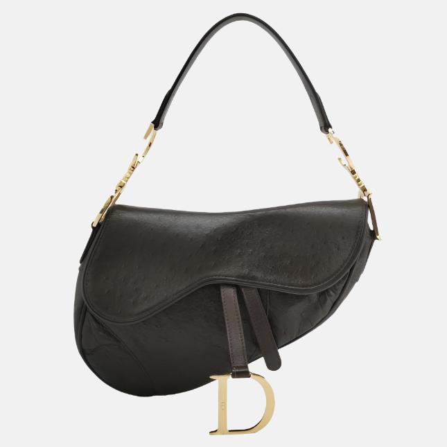 Dior Saddle Vintage Ostrich Leather Dark Brown Shoulder Bag