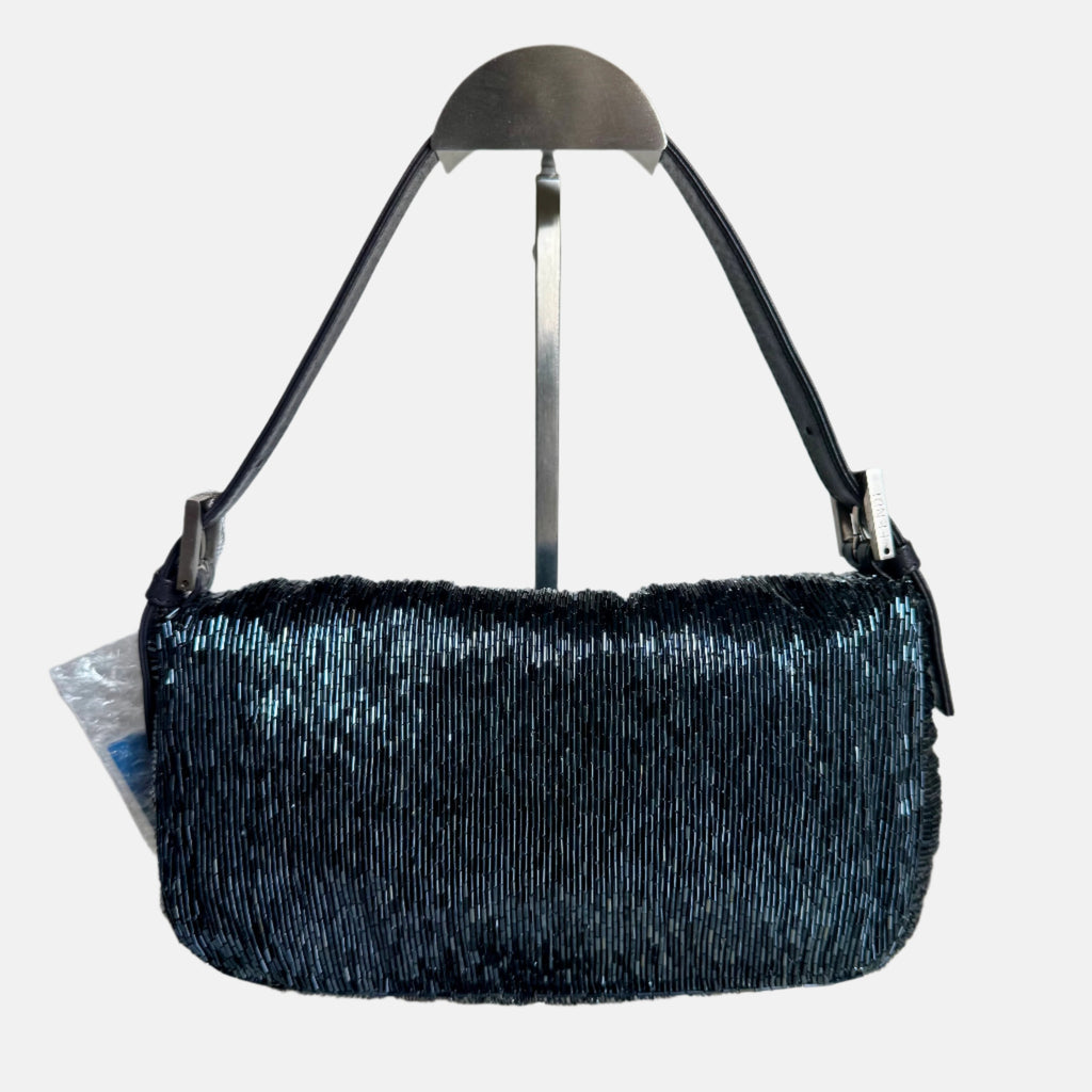 Fendi Baguette Metallic Navy Black Glittering Waterfall Beads Shoulder Bag