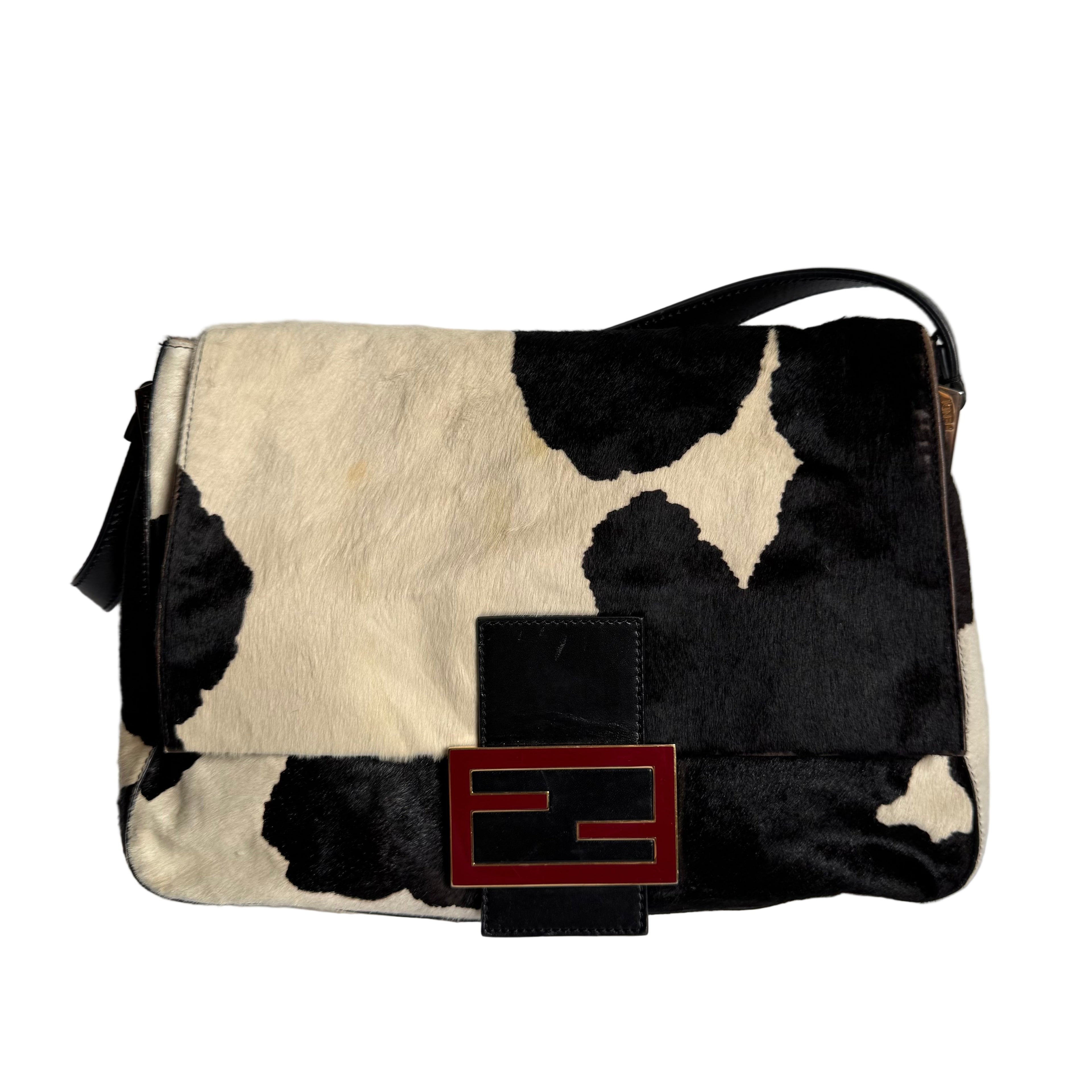 Fendi Mamma Baguette Large Pony hair in Cow Print Black and White