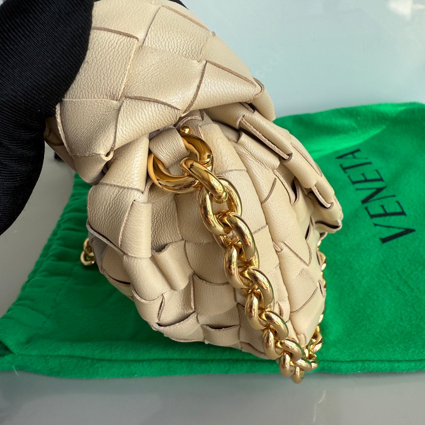 Bottega Veneta Jodie Mini Oats Beige Lambskin Leather Clutch Bag with Chain