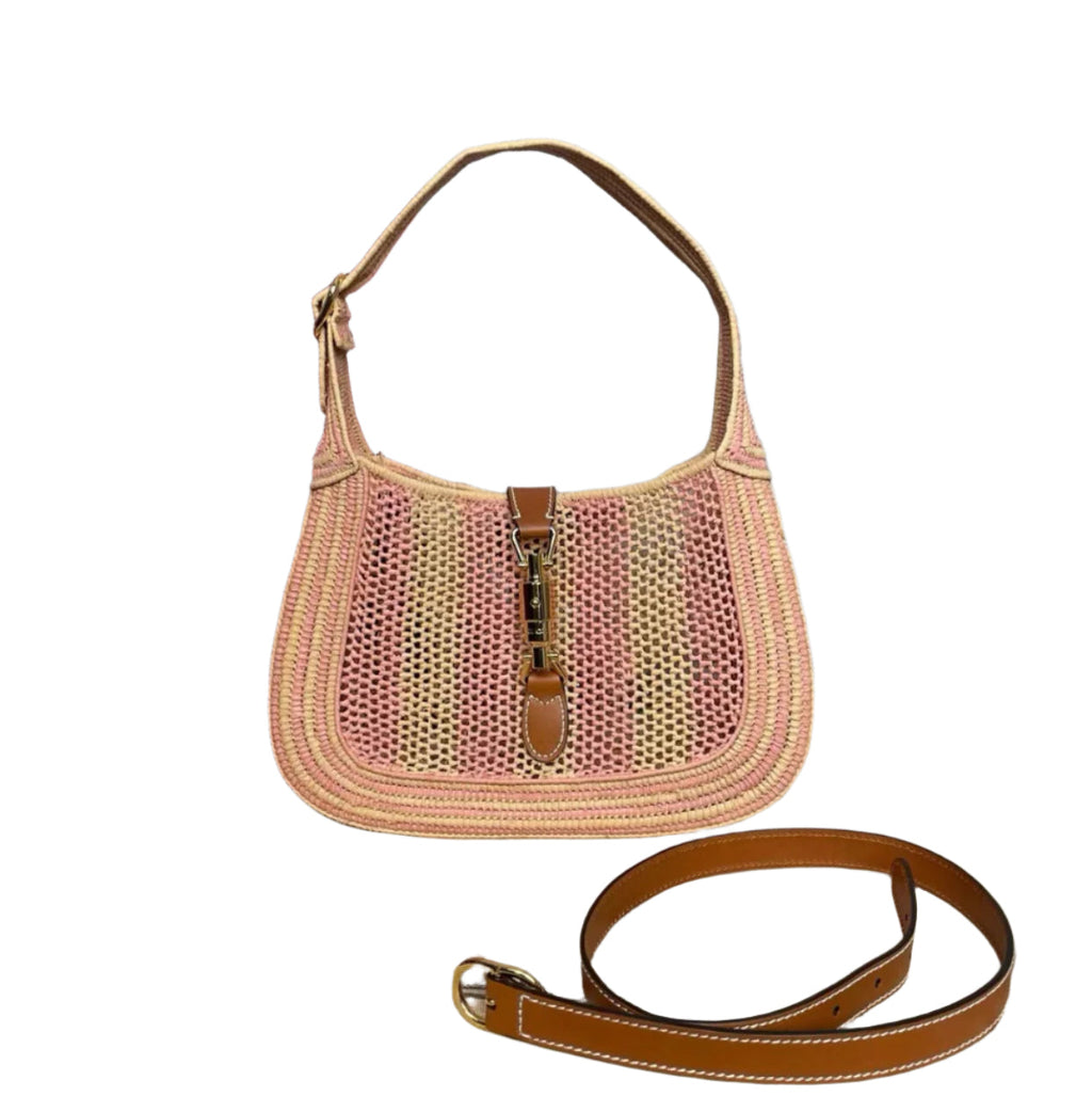 Gucci Jackie 1961 Wicker Bag Pink Gold Hardware Leather Strap