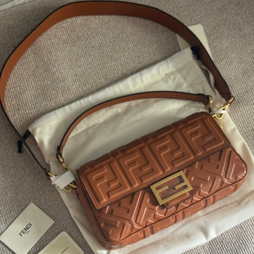 Fendi Baguette Caramel Tan Brown Lambskin Leather Crossbody Bag Medium