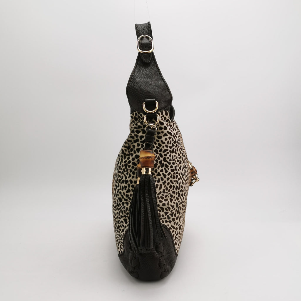 Gucci Jackie Vintage Large Leopard Print Pony-style Calfskin Brown Leather Shoulder Bag