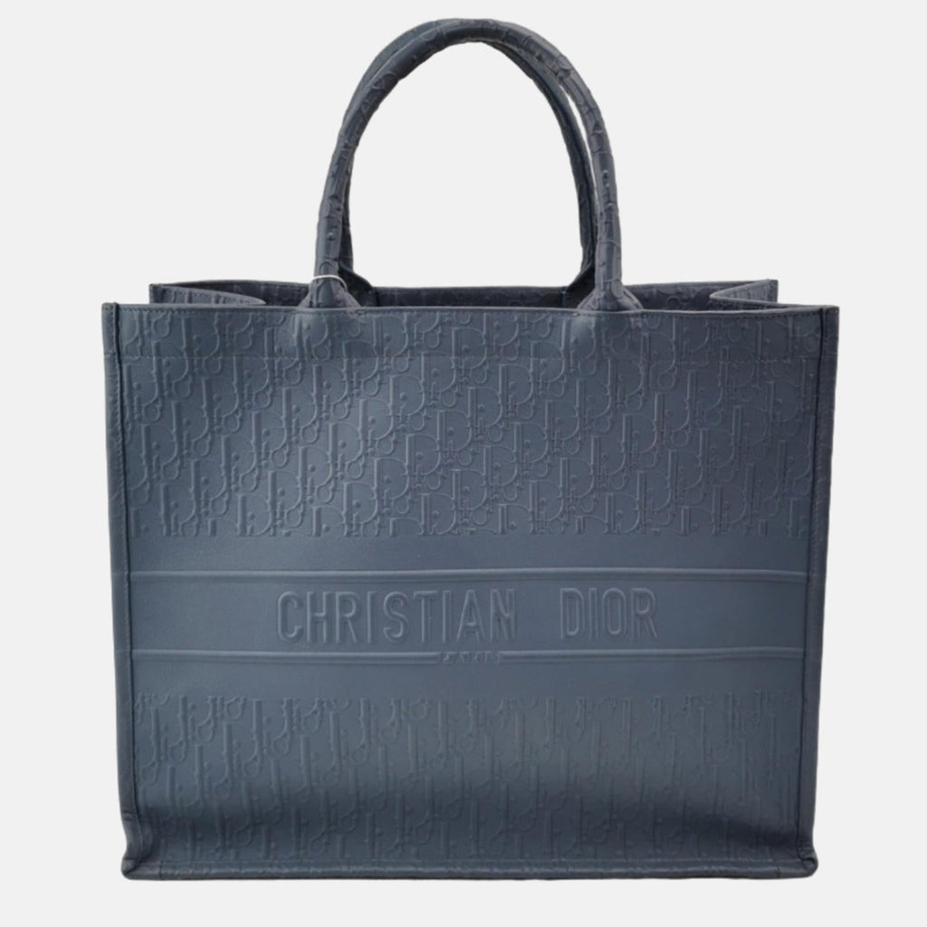 Christian Dior Book Tote Large Blue Calfskin Leather Oblique Embossed Handbag