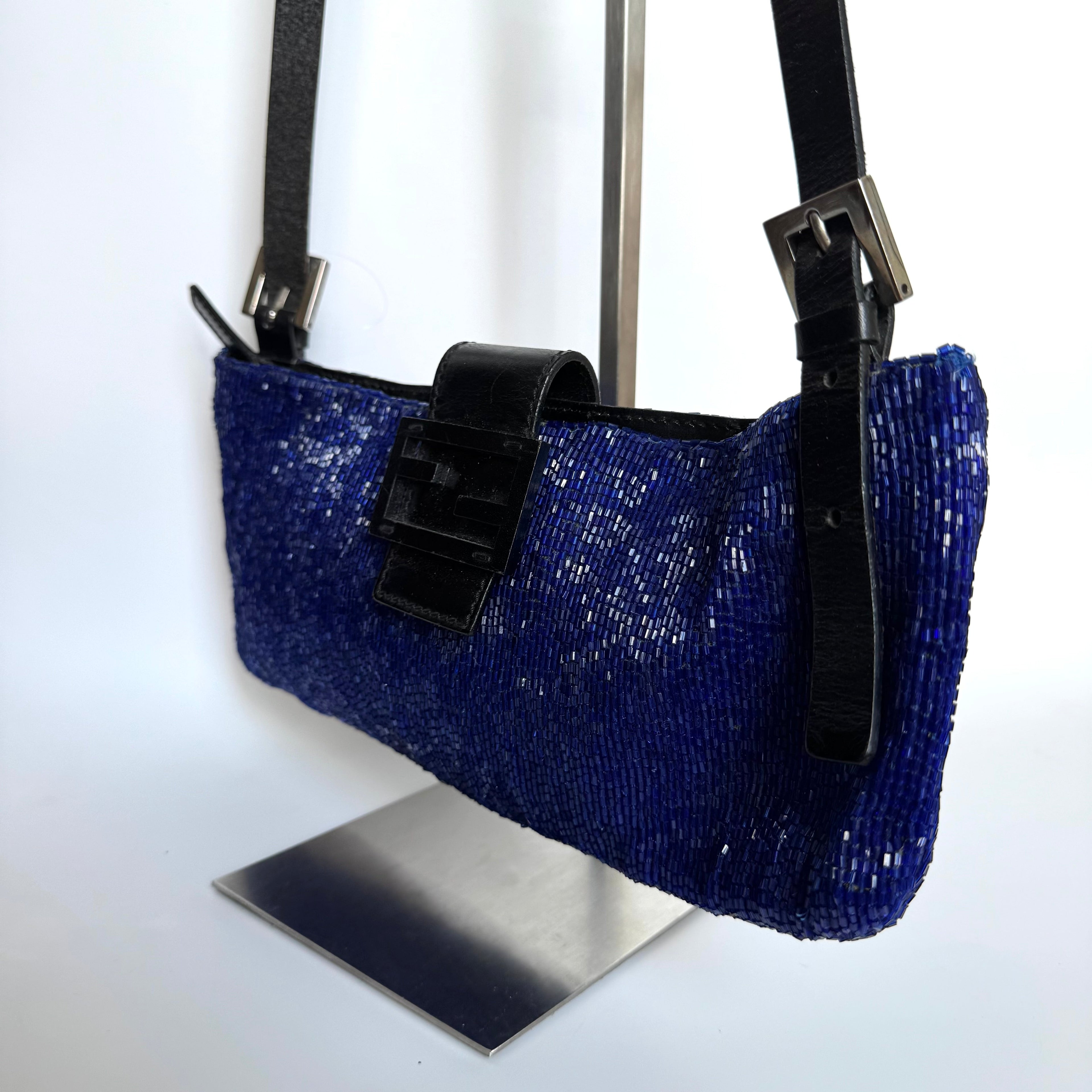Fendi Electric Blue Beaded Zip Opening Crossbody Bag