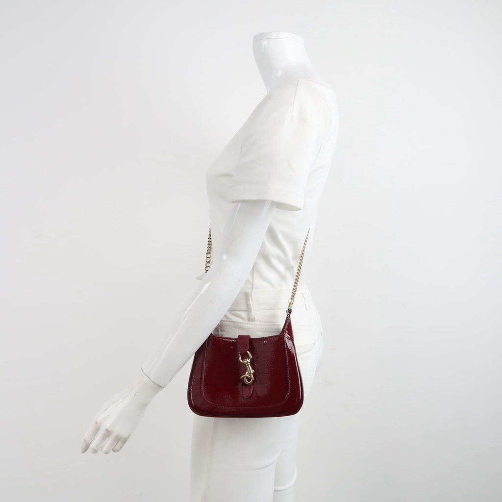 Gucci Jackie 1961 Mini Notte Burgundy Ancora Red Patent Leather Gold Chain Strap Crossbody Bag