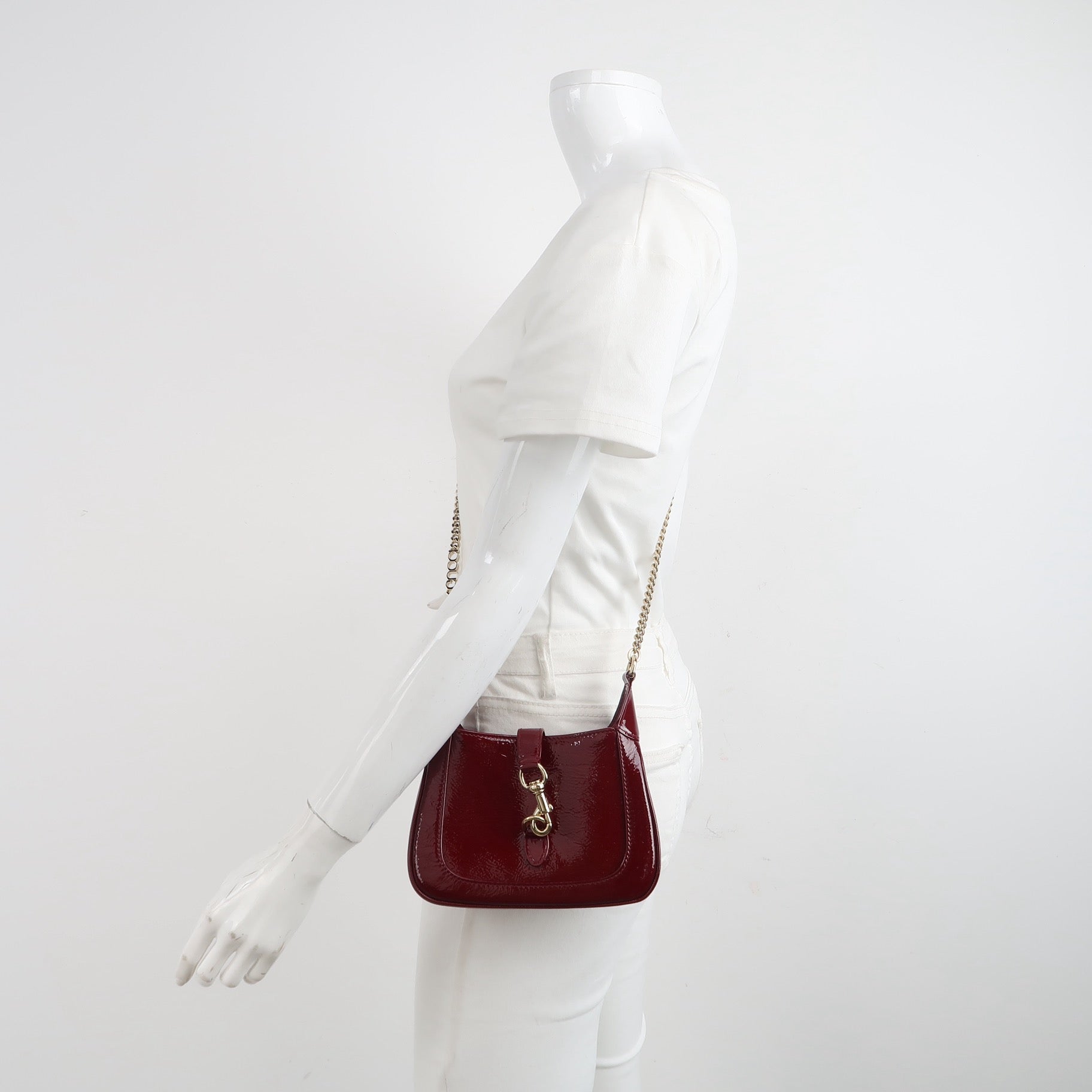 Gucci Jackie 1961 Mini Notte Burgundy Ancora Red Patent Leather Gold Chain Strap Crossbody Bag