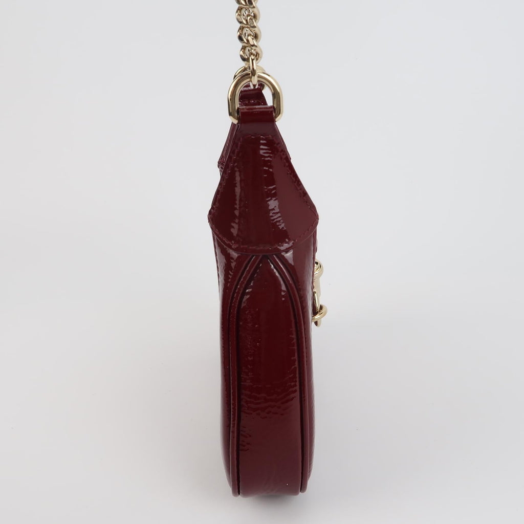 Gucci Jackie 1961 Mini Notte Burgundy Ancora Red Patent Leather Gold Chain Strap Crossbody Bag