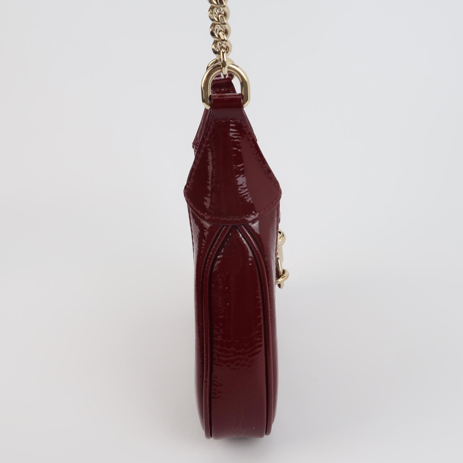 Gucci Jackie 1961 Mini Notte Burgundy Ancora Red Patent Leather Gold Chain Strap Crossbody Bag