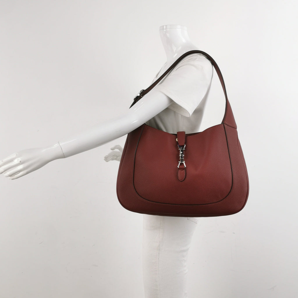Gucci Jackie 1961 Burgundy Large Pebbled Leather Shoulder Bag with Strap