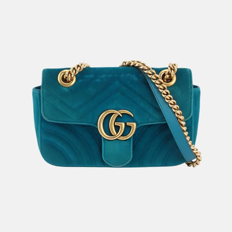 Gucci Marmont Mini Flap Blue Velvet Handbag