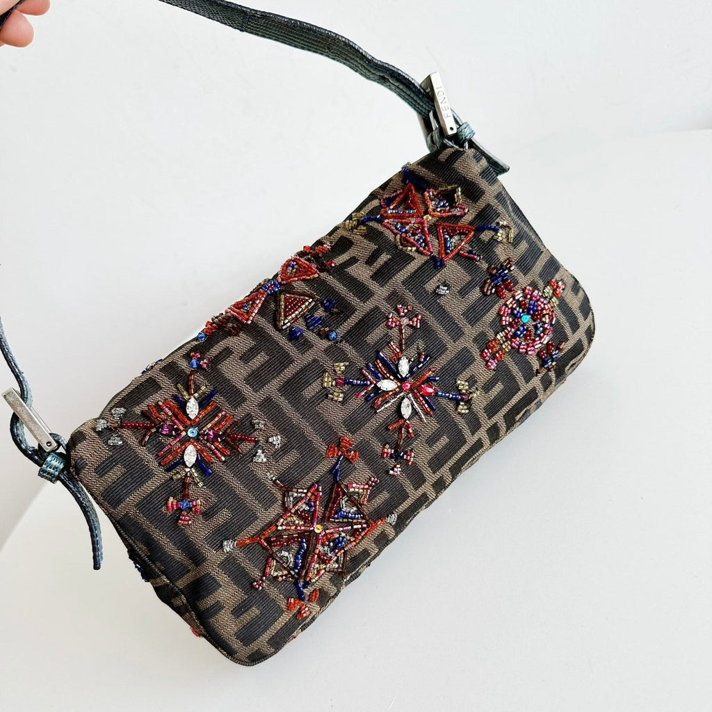 Fendi Baguette Zucca Monogram with Beaded Floral Embroidery