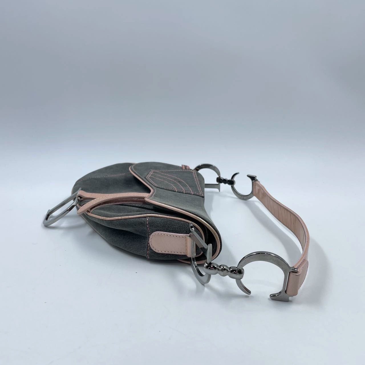 Dior Saddle Grey Denim with Pocket and Pink Leather Trim Shoulder Bag