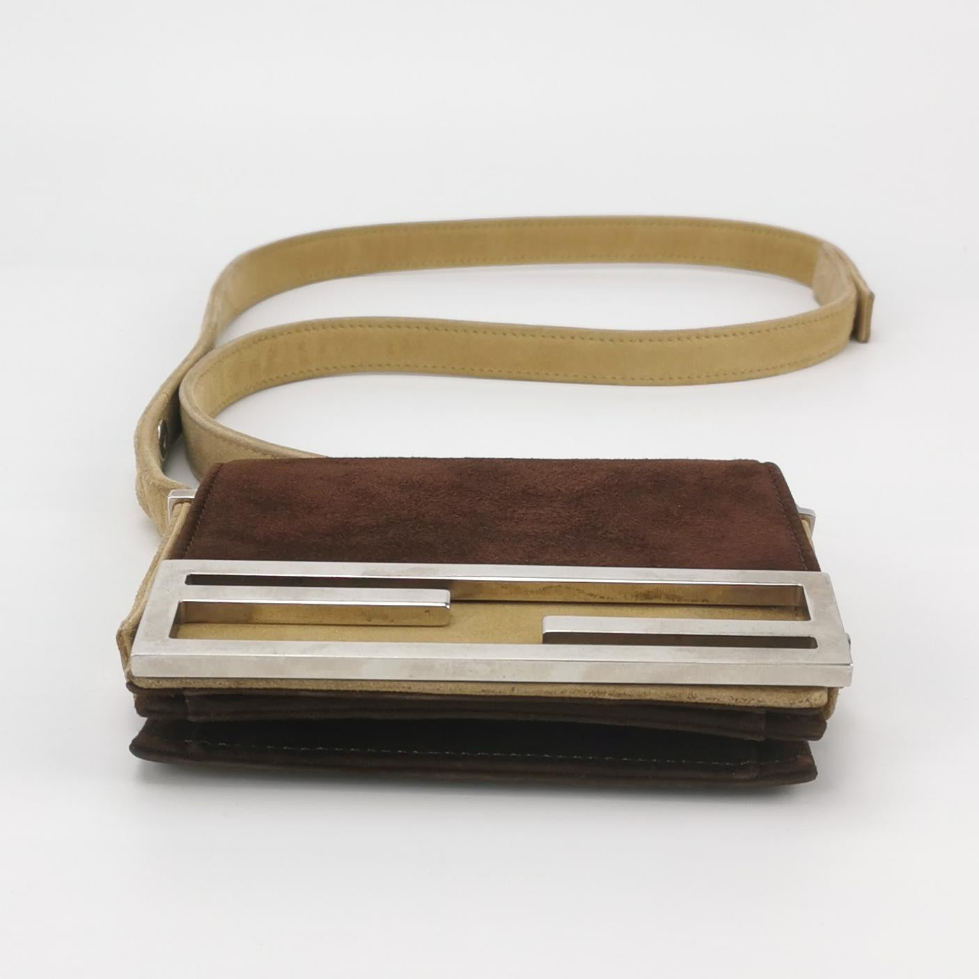 Fendi Vintage Mini Bicolor Brown Suede Front Buckle Crossbody Bag