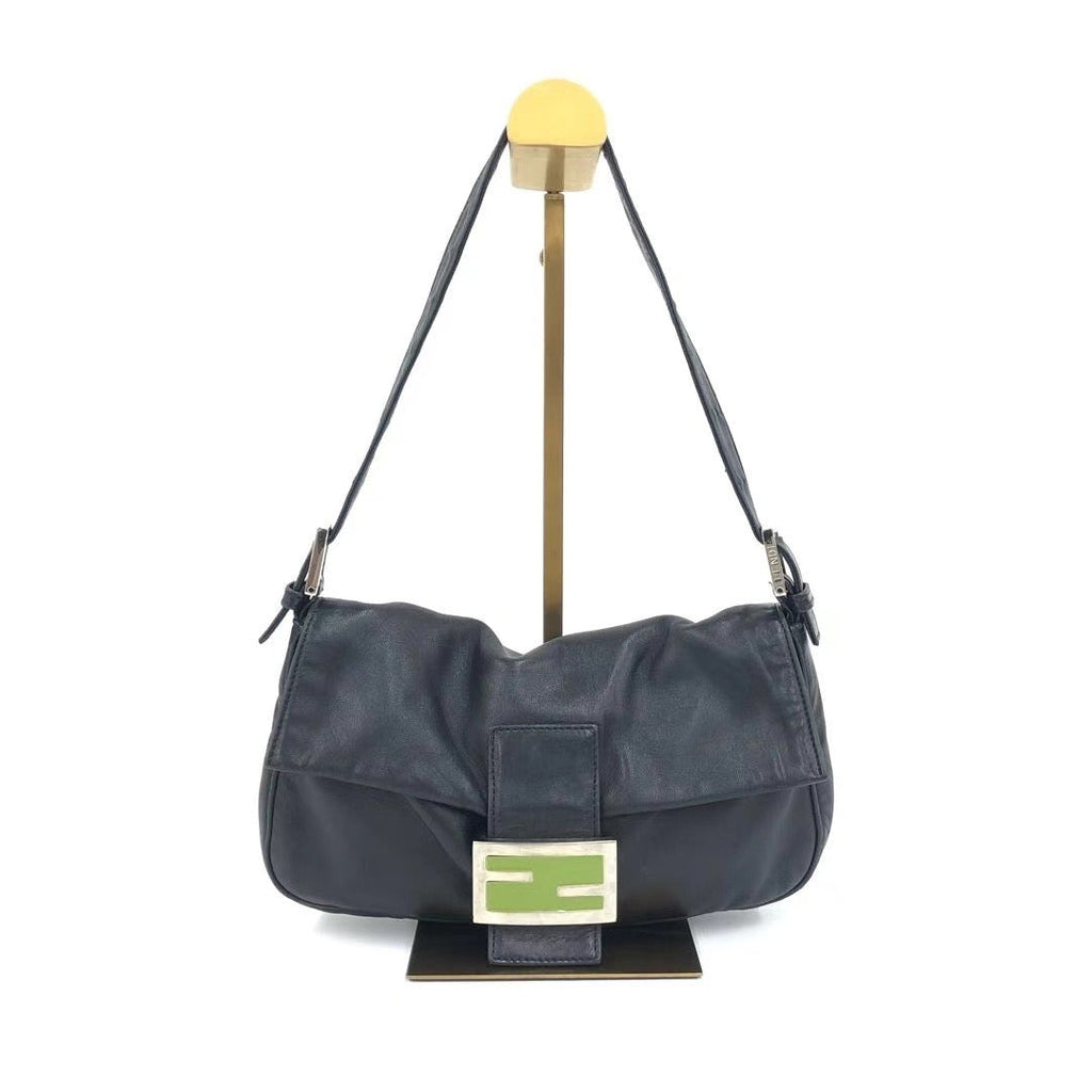 Fendi Baguette Black Lambskin Leather Shoulder Bag Green Enamel Buckle