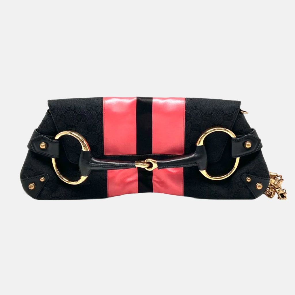 Gucci Horsebit 1955 Chain Large Shoulder Bag Black Monogram with Pink Silk