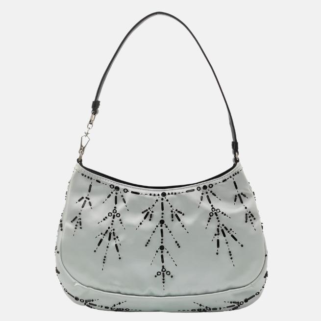 Prada Cleo Vintage Blue Silk Beaded Embroidery Shoulder Bag