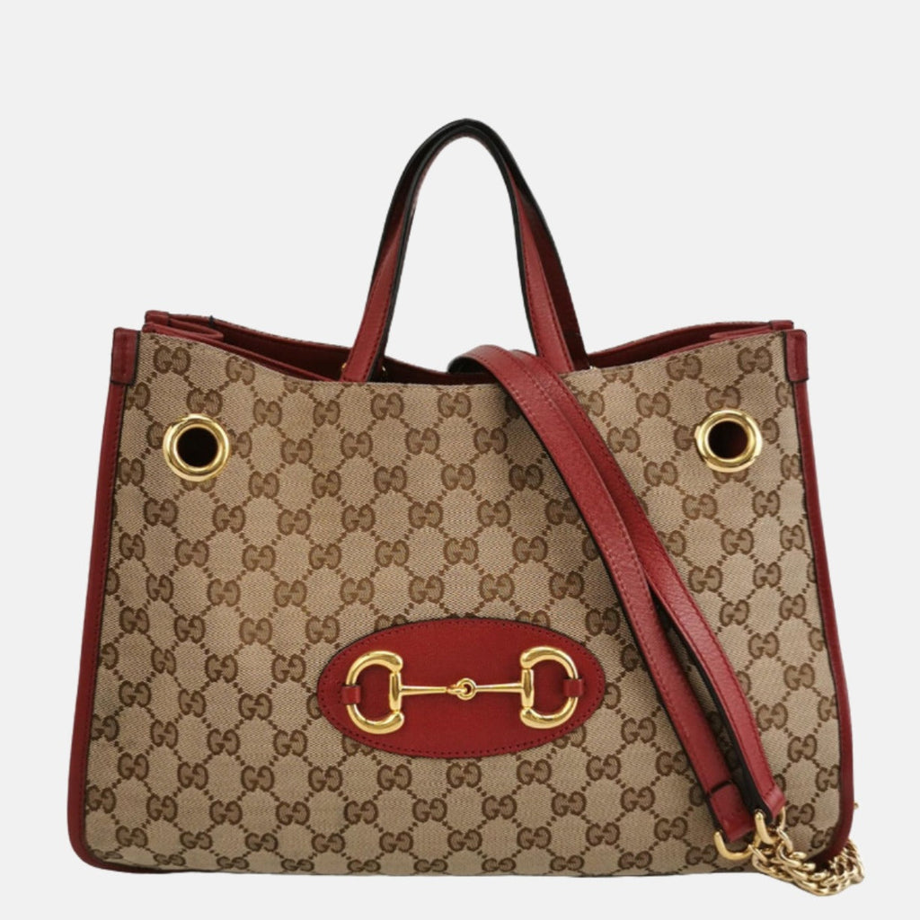 Gucci 1955 Horsebit Chain Tote Red Leather and Monogram Canvas
