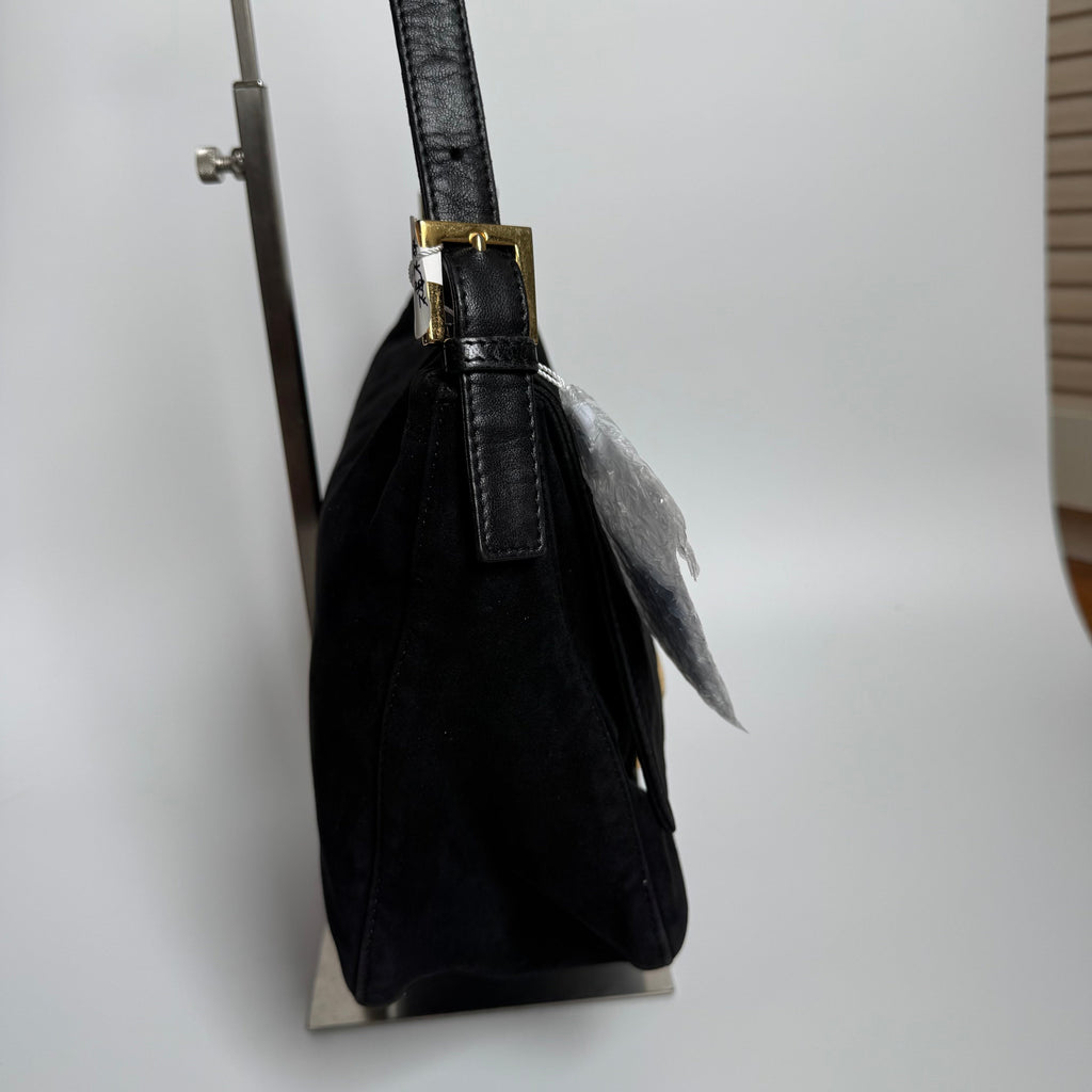 Fendi Mamma Baguette Black Suede Leather Red Buckle