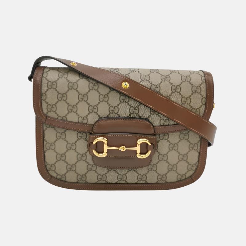 Gucci 1955 Horsebit Bag Small Brown Leather and GG Monogram Canvas