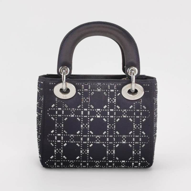 Lady Dior Mini Black Silk with Crystals Silver Hardware