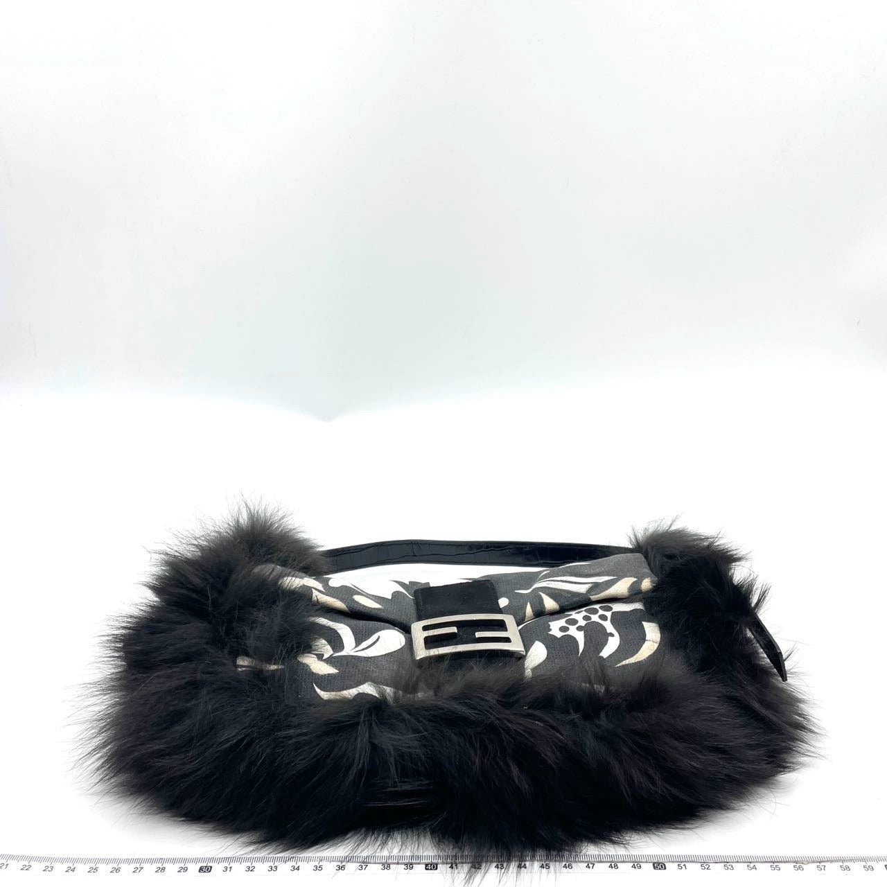 Fendi Baguette Black Print Fabric and Furry Shoulder Bag