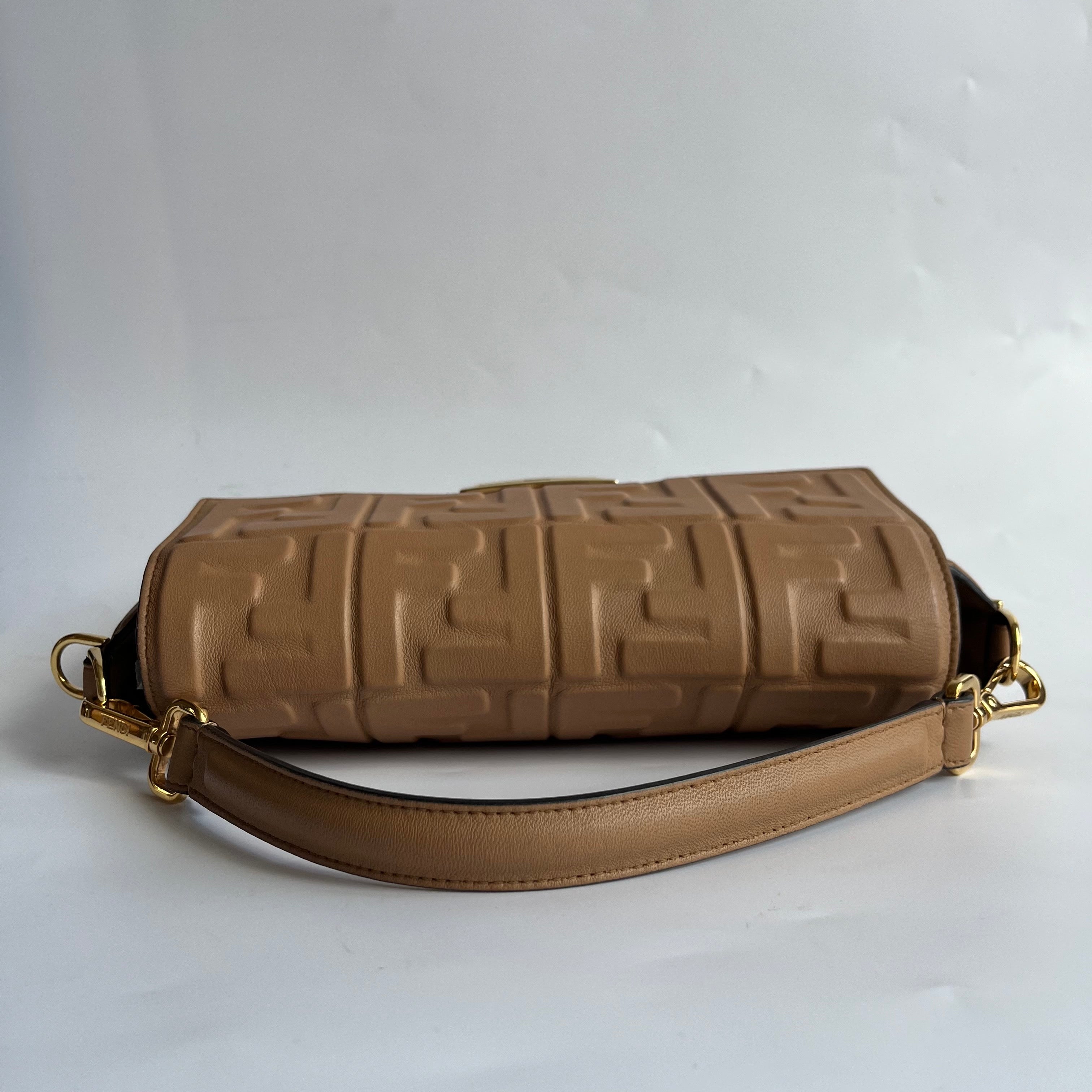 Fendi Baguette Caramel Tan Brown Lambskin Leather Crossbody Bag Medium