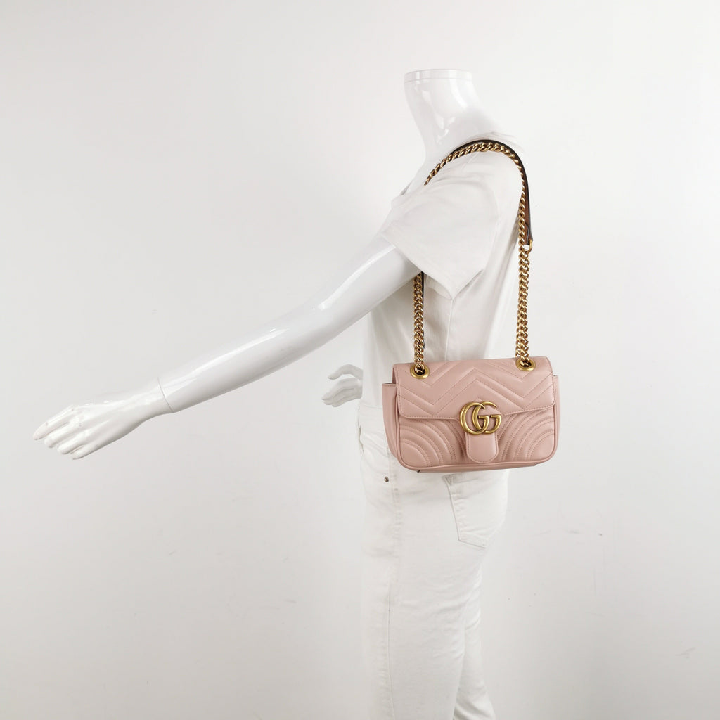 Gucci Marmont Mini Flap Pink Calfskin Leather Handbag Gold Hardware