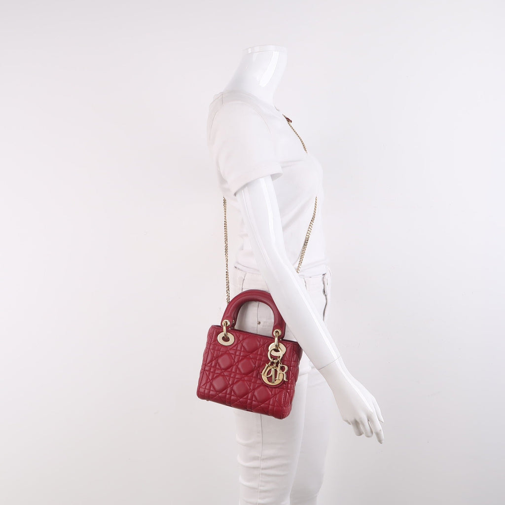 Lady Dior Mini Red Lambskin Leather Gold HW Chain Strap