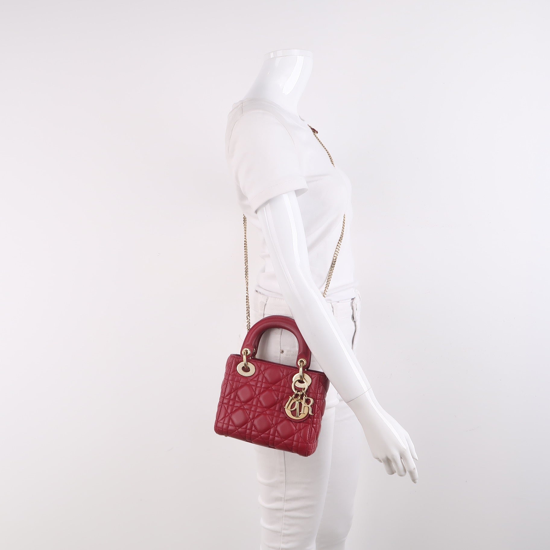 Lady Dior Mini Red Lambskin Leather Gold HW Chain Strap