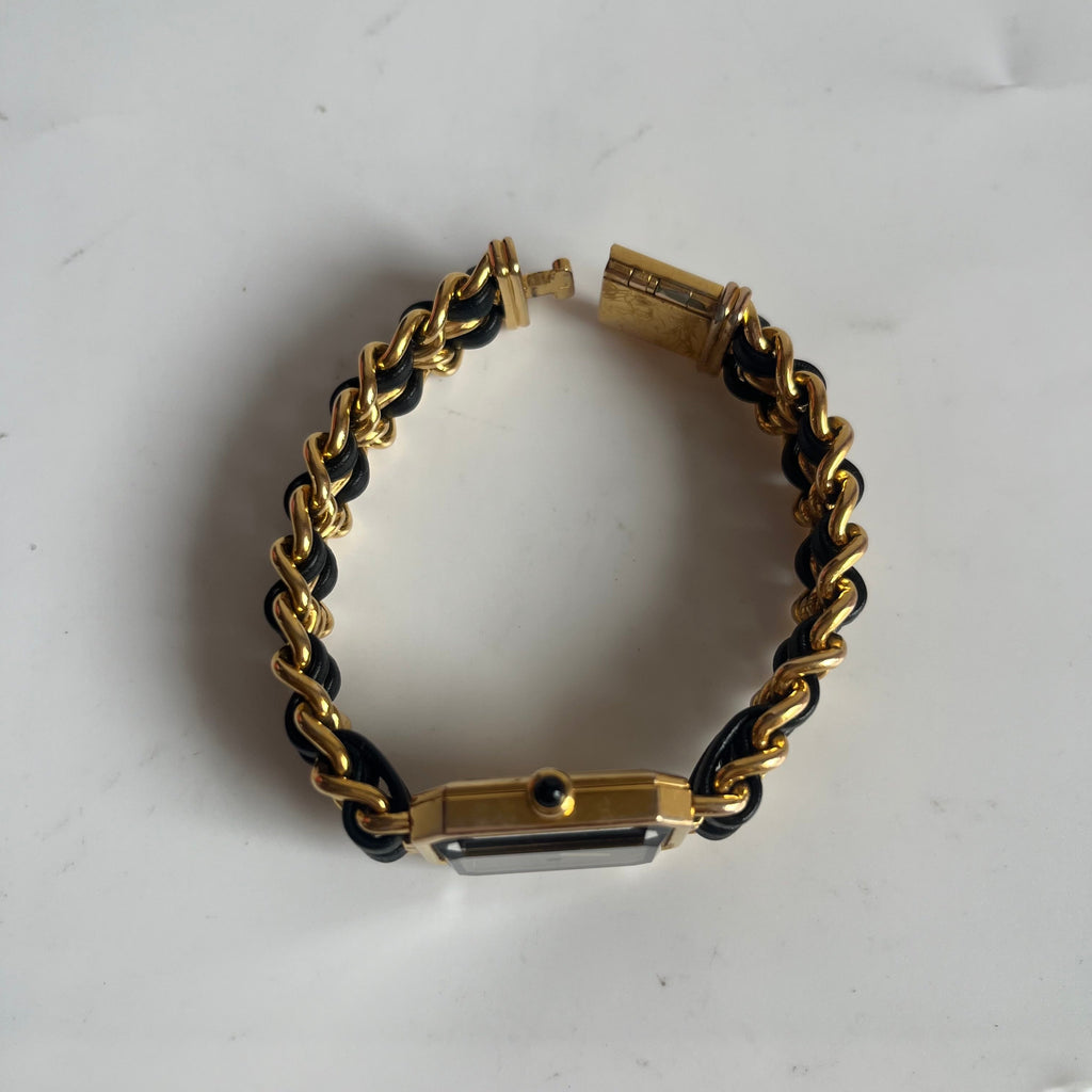 CHANEL 1987 Vintage PREMIERE Watch L Black Leather and 24KT Yellow Gold Plated