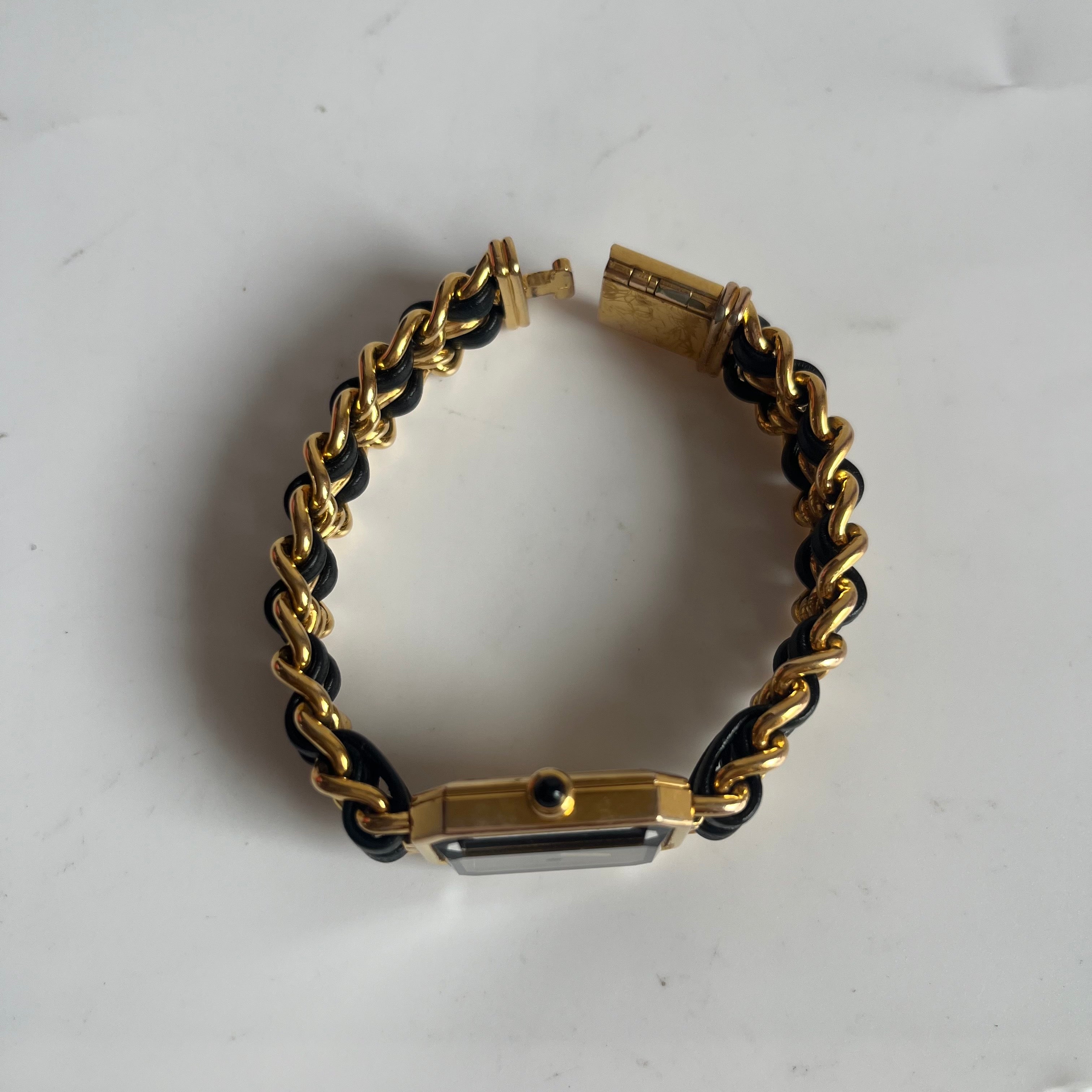 CHANEL 1987 Vintage PREMIERE Watch L Black Leather and 24KT Yellow Gold Plated