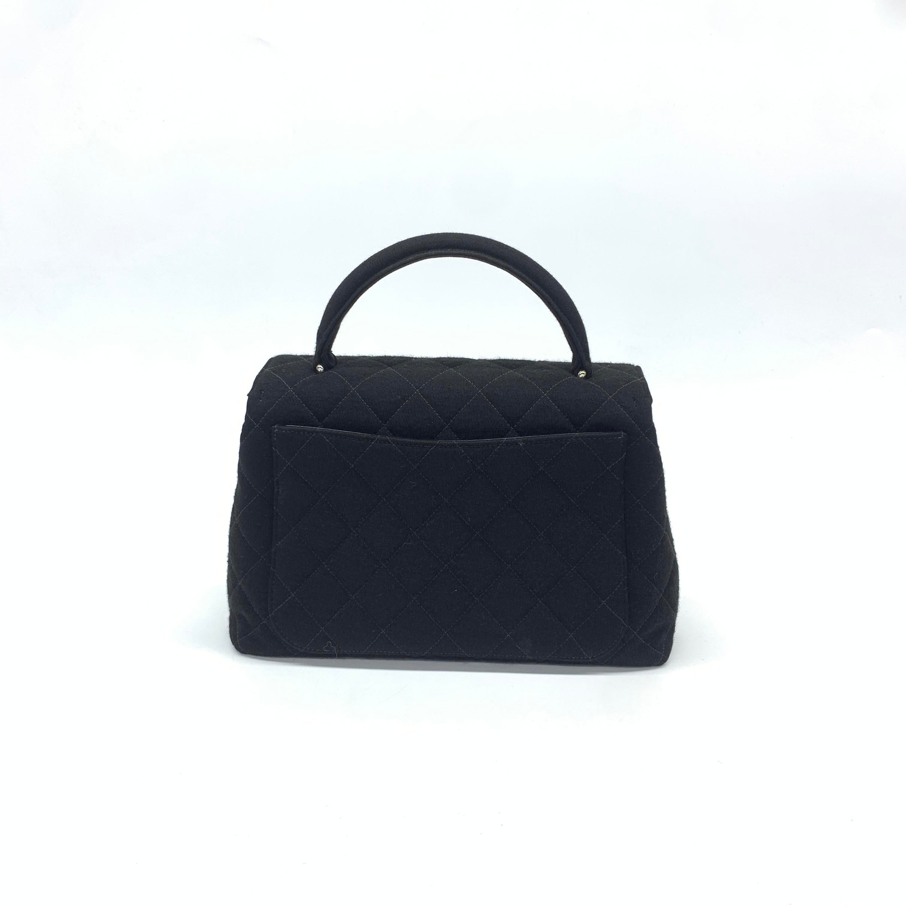 Chanel Vintage Top Handle Kelly Coco Handle Black Flap Bag Fabric Silver Hardware