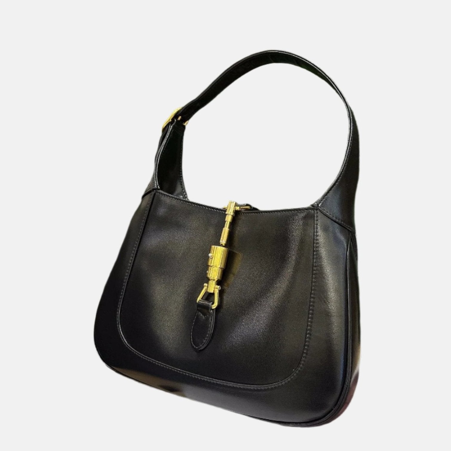 Gucci Jackie 1961 Black Leather Bag Small Piston Lock With Strap