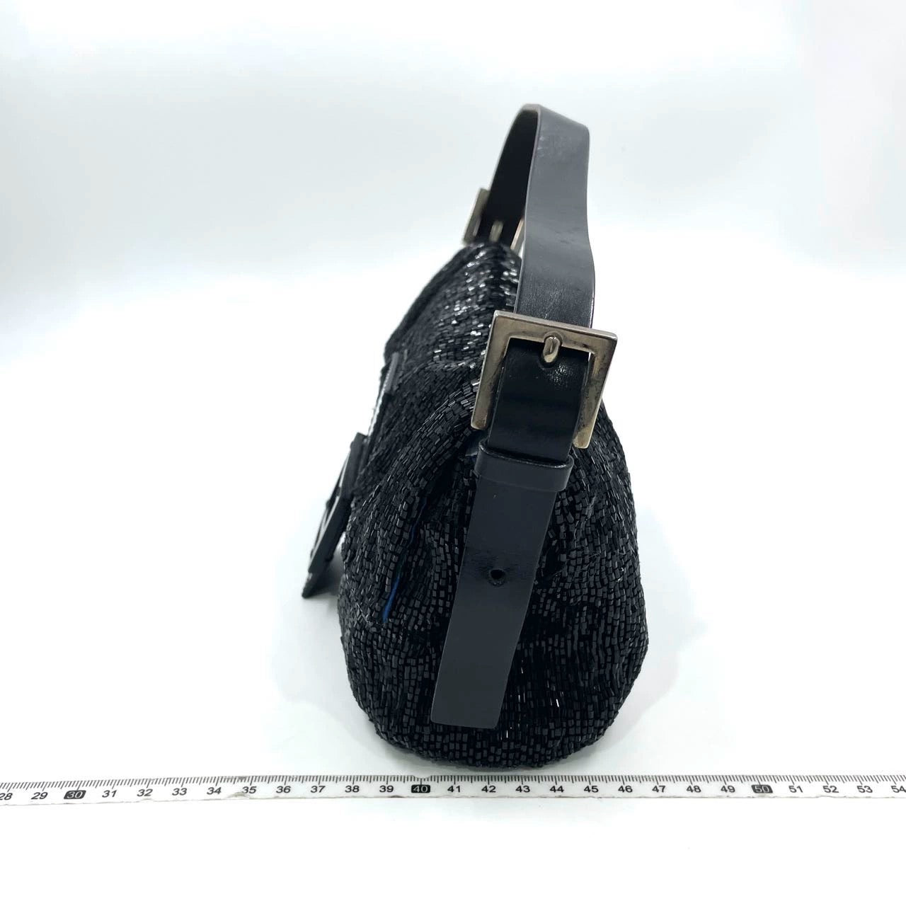 Fendi Baguette Vintage Black Glitter Beads Shoulder Bag Blue Satin Interior